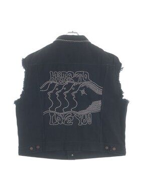 Celine Sleeve Crush Studded Denim Vest Black